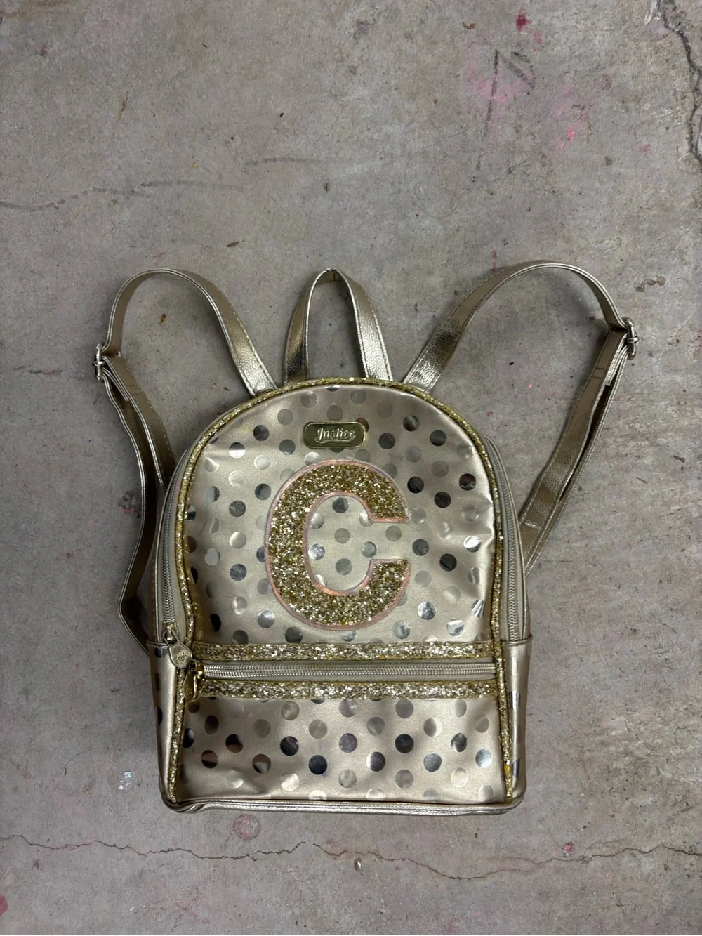 Justice Gold Mini Faux Leather Polka Dot Backpack Glitter Letter C Zip Pockets